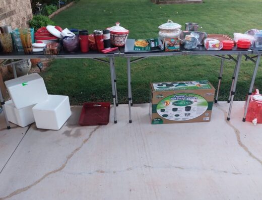 New QVC clothing $2; Used clothing $1; Handcrafted jewelry; beads; DVDs; camping cots; household goods; lots of misc. Fri May 29th & Sat May 30th 7am – 2pmish. If our signs are out, we are open. 1125 S La Salle Dr